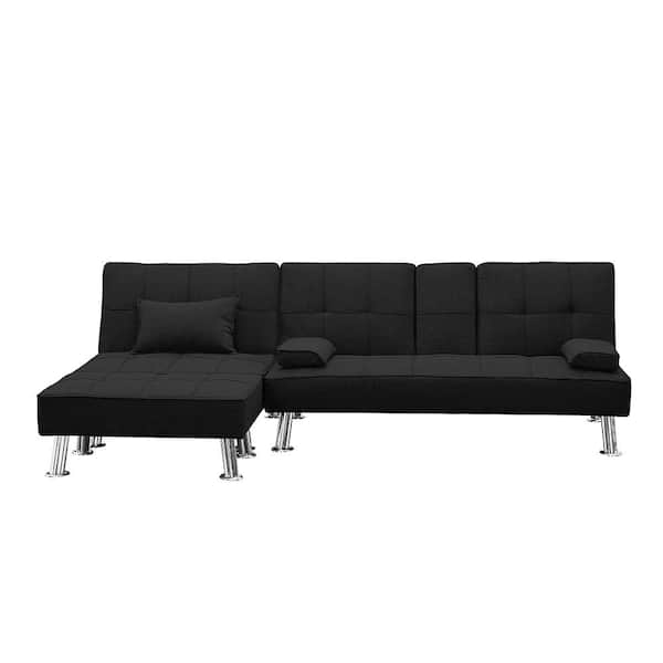 ANBAZAR 80.71 in. W Black Faux Leather Sectional Twin Sofa Bed, L-shape Sofa Chaise Lounge with Ottoman Bench and wooden legs