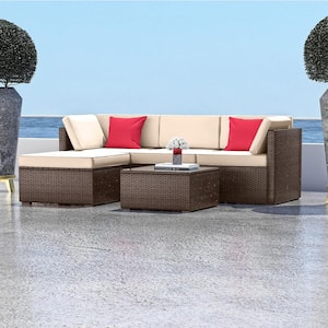 5-Piece Brown Wicker Steel Outdoor Sectional Patio Furniture Corner Sofa Set and Coffee Table with Beige Cushions
