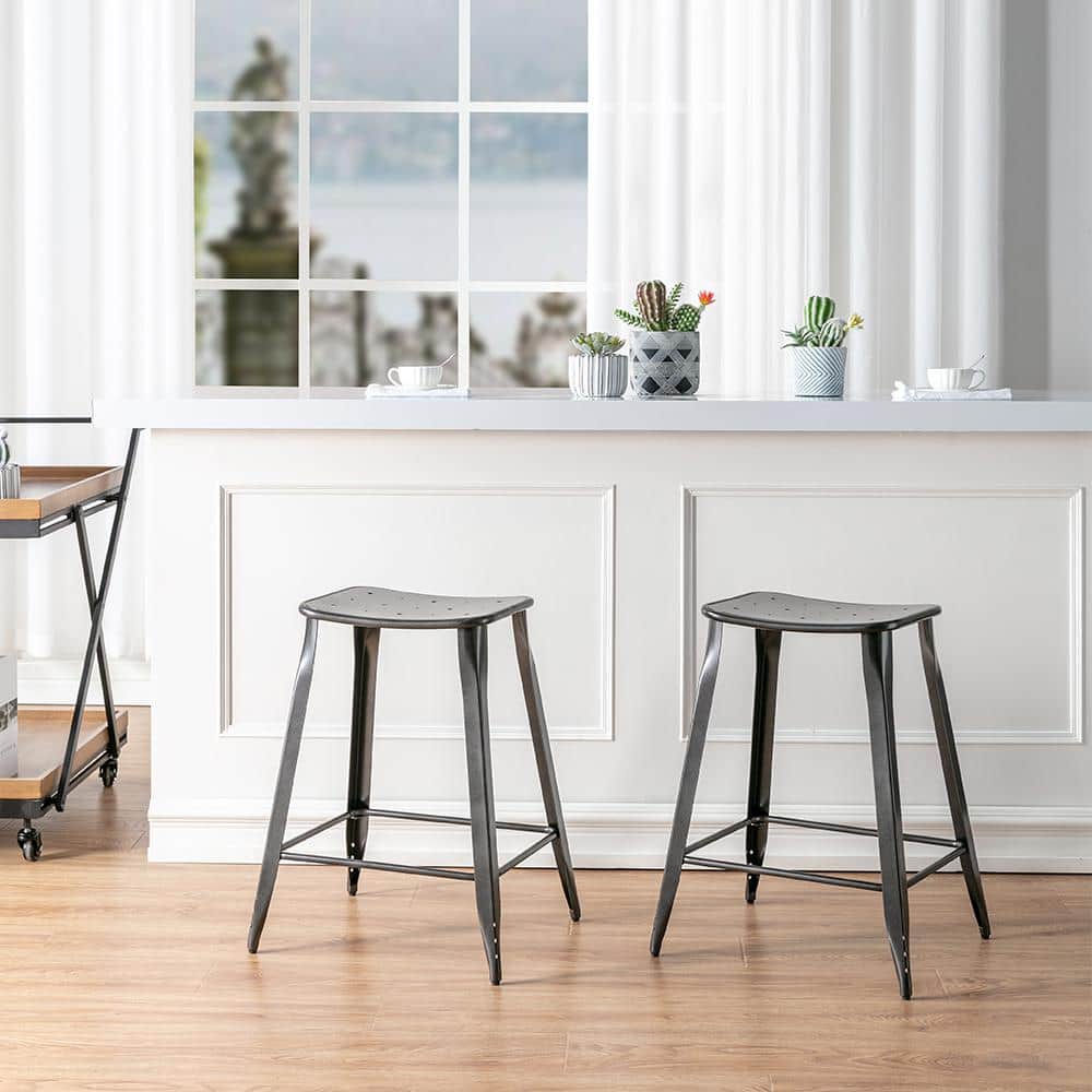 Lennon Silver Metal Backless Saddle Counter Stools, Set of 2