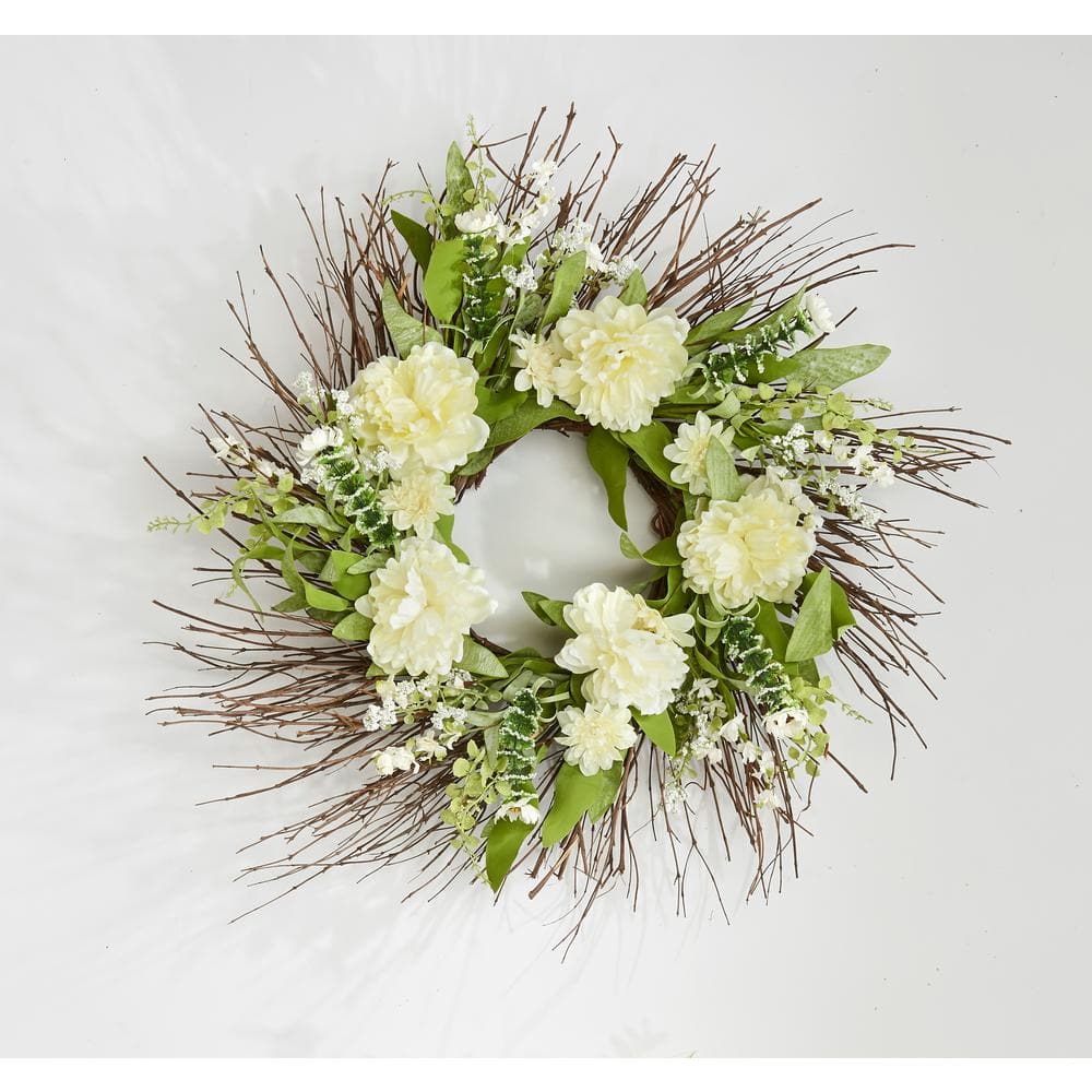 24 in. Artificial Peony Flowers Wreath on Natural Twig Base