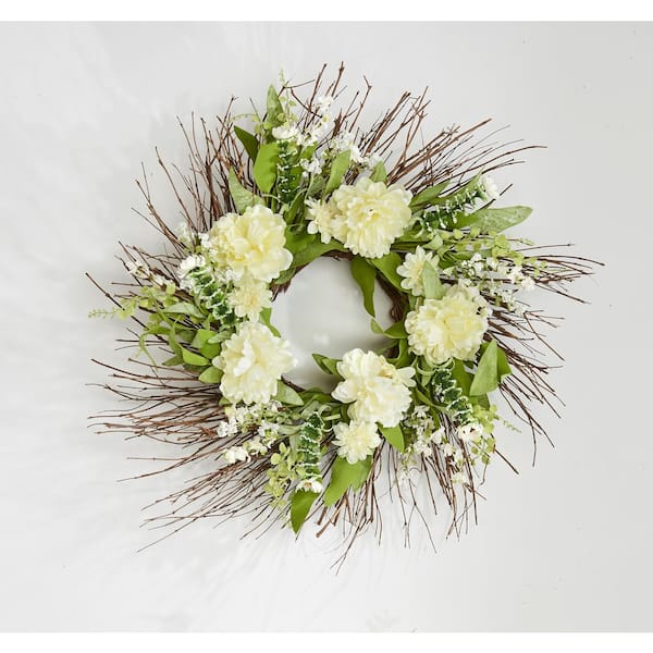 Unbranded 24 in. Artificial Peony Flowers Wreath on Natural Twig Base