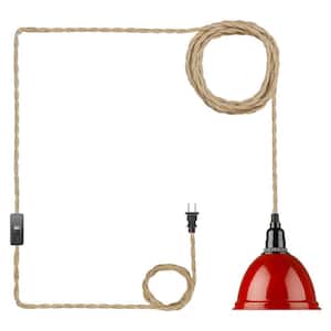 1-Light Pulg in Red Dome Pendant Light with Metal Shade