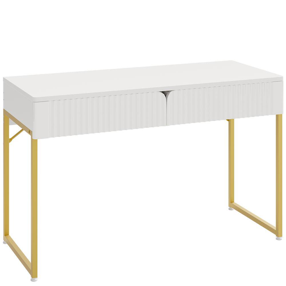 47 in. Rectangular White and Gold 2-Drawers Wood Fluid Computer Desk with Storage, Makeup Vanity Table