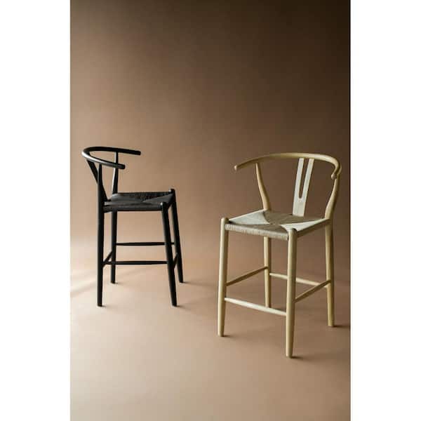 NADAAL STUDIOS Hayden 26 in. Natural Scandinavian Elm Wood Counter Stool with Woven Fiber Seat