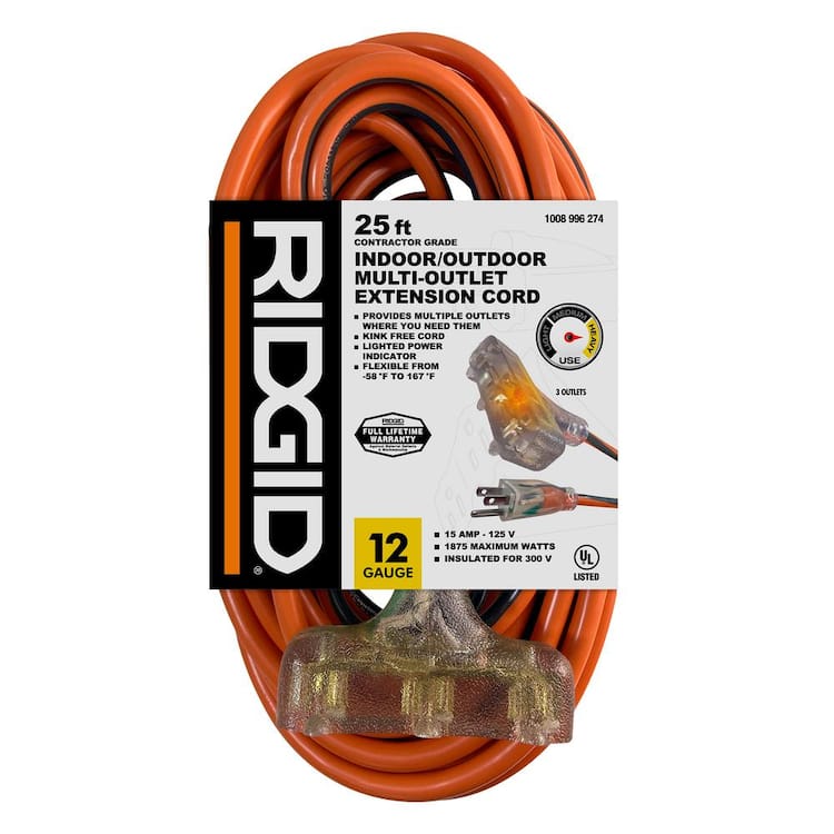 RIDGID 25 ft. 12/3 Heavy Duty Indoor/Outdoor Extension Cord with Tritap Lighted End, Orange/Grey