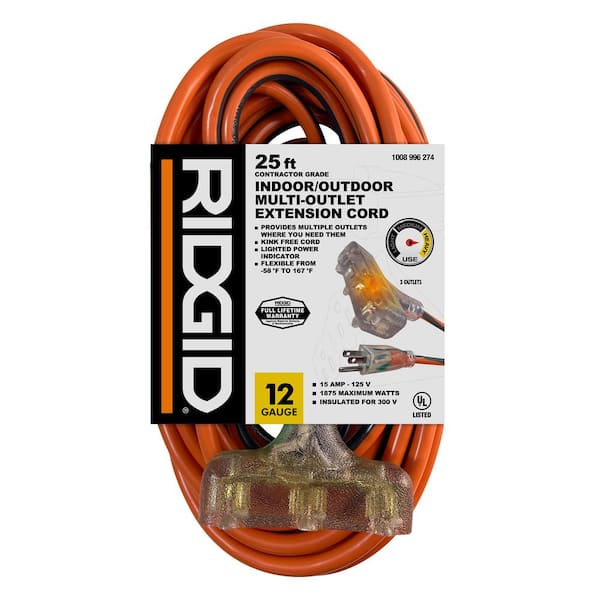 25 ft. 12/3 Heavy Duty Indoor/Outdoor Extension Cord with Tritap Lighted End, Orange/Grey