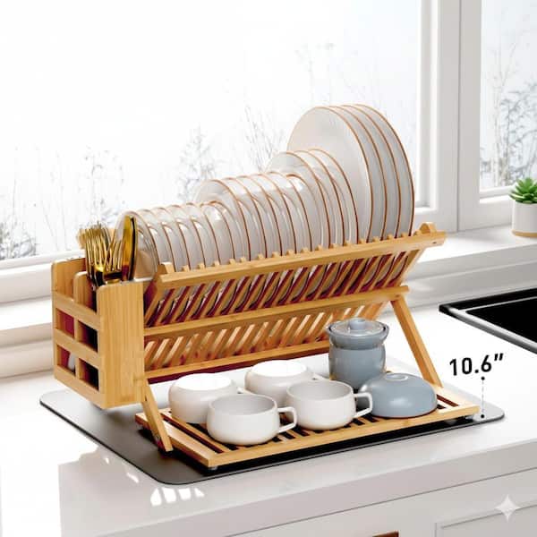 Natural Bamboo 3 Tier Collapsible Dish Drying Rack with Utensil Holder Large Folding Kitchen Counter Dish Rack