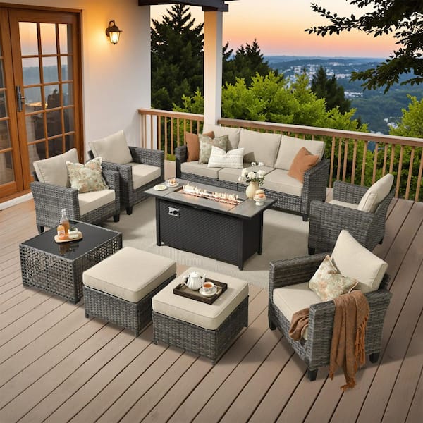 HOOOWOOO Scarlet 9-Piece Wicker Outdoor Fire Pit Patio Conversation Sofa Set with a Solar Lighted Table and Beige Cushions