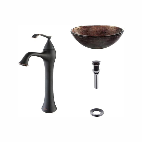 KRAUS Illusion Glass Vessel Sink in Brown with Ventus Faucet in Oil Rubbed Bronze