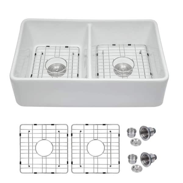 32 in. Farmhouse/Apron-Front Double Bowl White Ceramic Kitchen Sink with Accessories