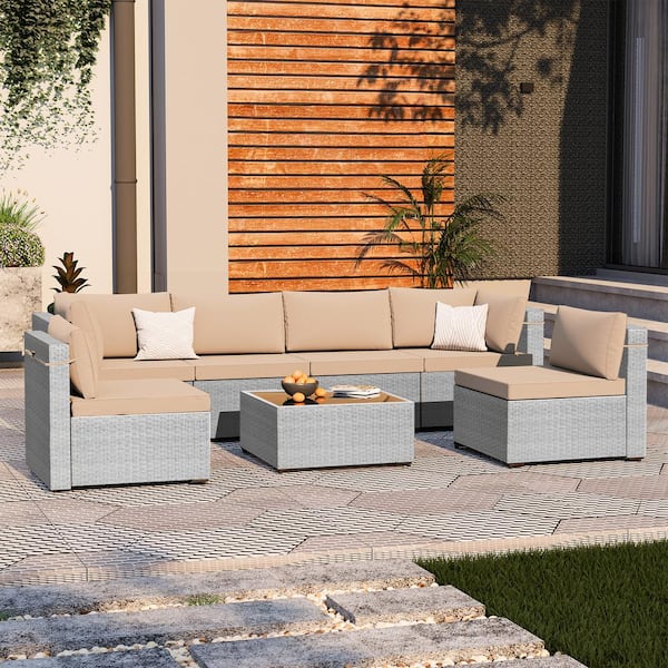 UPHA 7-Piece Wicker Outdoor Patio Conversation Sectional Seating Set with Beige Cushions, Coffee Table for Outdoors