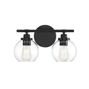 Carson 14 in. W x 8.5 in. H 2-Light Matte Black Bathroom Vanity Light with Clear Glass Shades
