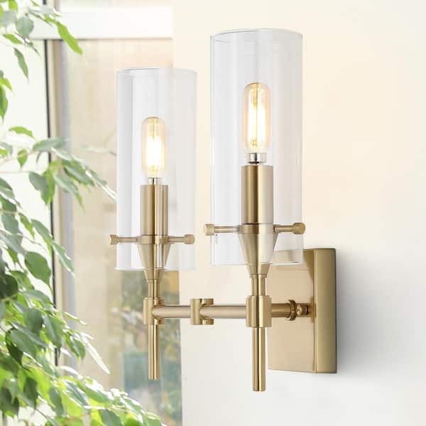 JONATHAN Y Cato 13.5 in. 2-Light Brass Gold/Clear Modern Farmhouse Iron/Glass LED Vanity Light