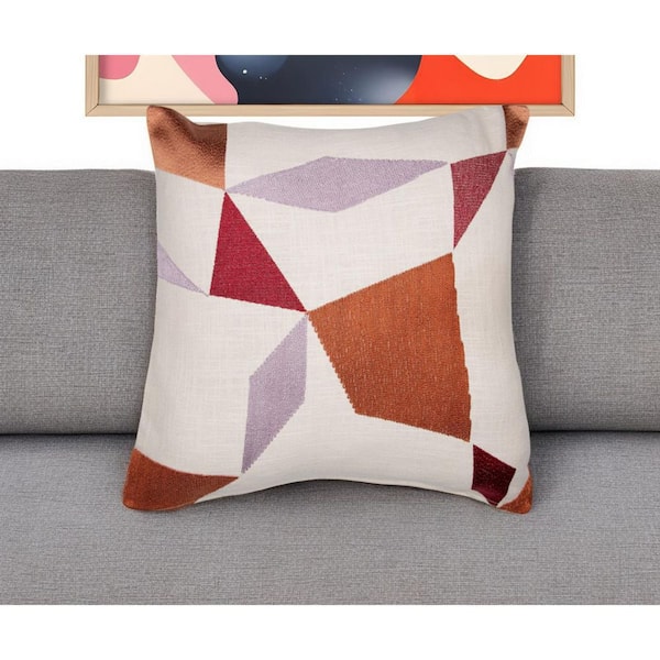 HomeRoots Ivory, Red, Orange Geometric Polyester 20 in. x 20 in. Throw Pillow