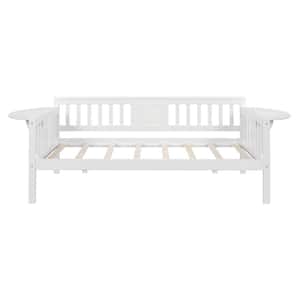 White Wood Twin Size Daybed Frame, Twin Bed Frame with Foldable Table and Wood Slat Support for Bedroom, Living Room
