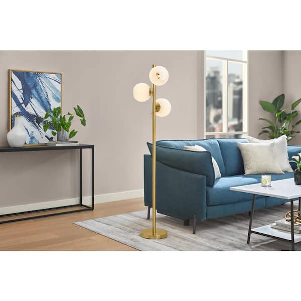 Hampton Bay Vista Heights 62 in. 3 Light Aged Brass Standard Indoor Floor Lamp Opal White Glass Shade