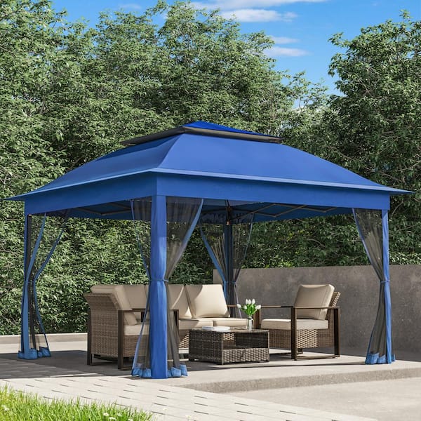 11 ft. x 11 ft. Dark Blue Steel Portable Pop-Up Gazebo with Mosquito Netting