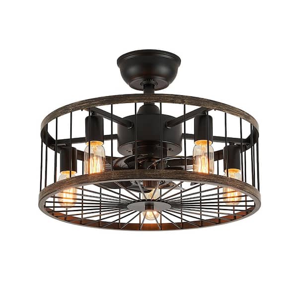 FANNEHONNE 17.71 in. Indoor Matte Black Downrod Wood Cage Ceiling Fan with Light Kit, Industrial Farmhouse Drum Style for Bedroom