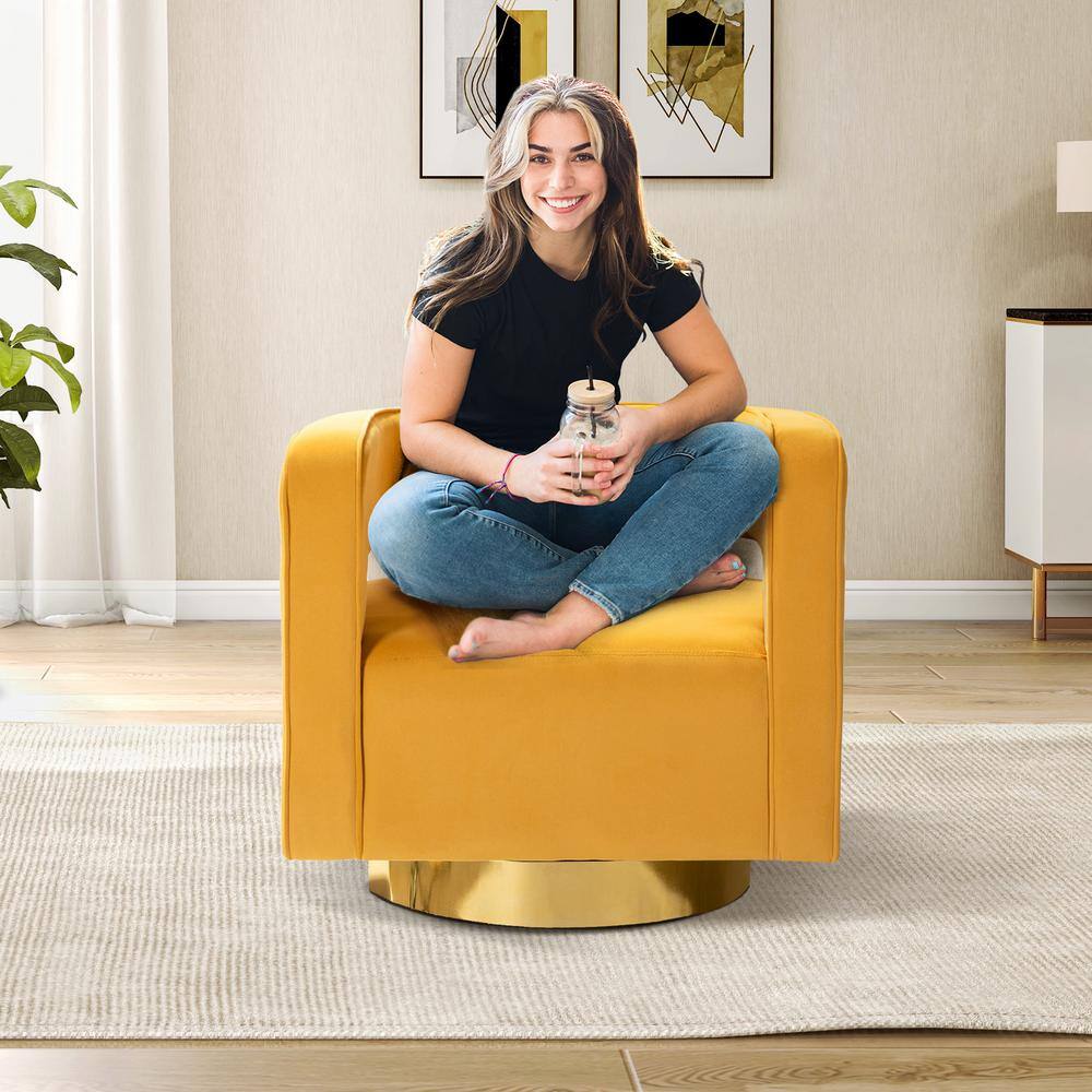 Mustard Velvet Swivel Barrel Chair with Gold Metal Base