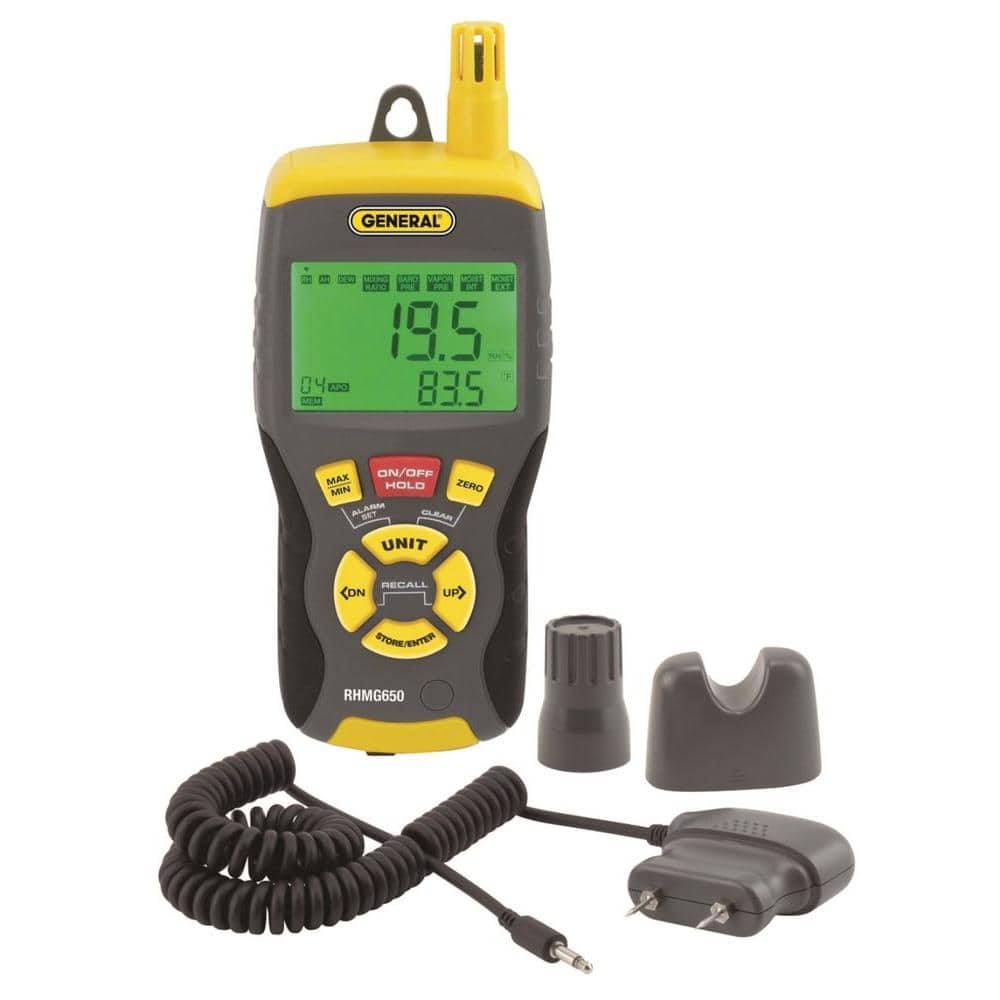 in de tussentijd Geven Enzovoorts General Tools 9-in-1 Thermo-Hygrometer Pin/Pinless Moisture Meter with  Probe and Carry Case RHMG650 - The Home Depot