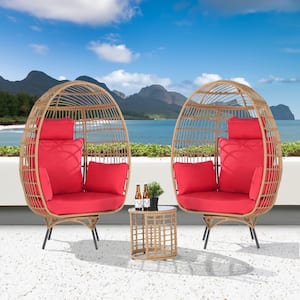 3-Piece Patio Wicker Swivel Lounge Outdoor Bistro Set with Side Table, Red Cushions