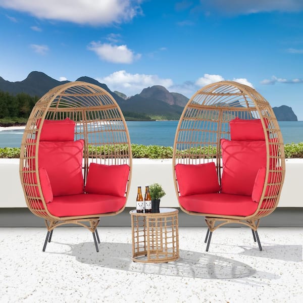 BFB 3-Piece Patio Wicker Swivel Lounge Outdoor Bistro Set with Side Table, Red Cushions