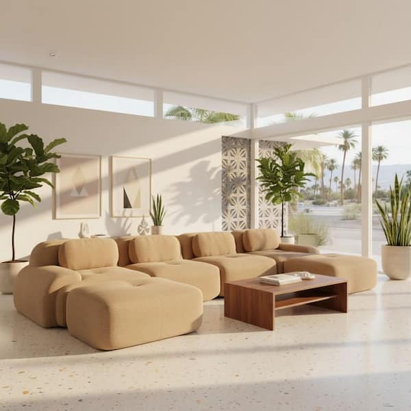 SMZO 152.7 in. Modular Corduroy Sectional Sofa with Ergonomic Curved Armrests, Adjustable Backrest, in. Camel Brown