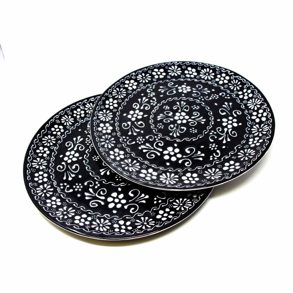 Global Crafts Encantada Handmade Hand-Painted Authentic Mexican Pottery,  11.75 Dinner Plates, Set of 2, Ink Collection, Black and White, (MC110I-S2)