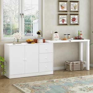 Innovative White MDF 88.2 in. Sideboard with Rotating and Retractable Design, 2 Doors, 3 Drawers