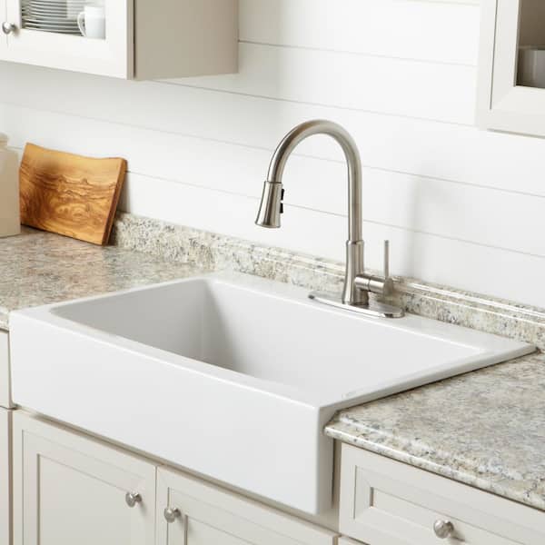 Parker 34 in. 3-Hole Quick-Fit Farmhouse Apron Front Drop-in Single Bowl Crisp White Fireclay Kitchen Sink with Drain