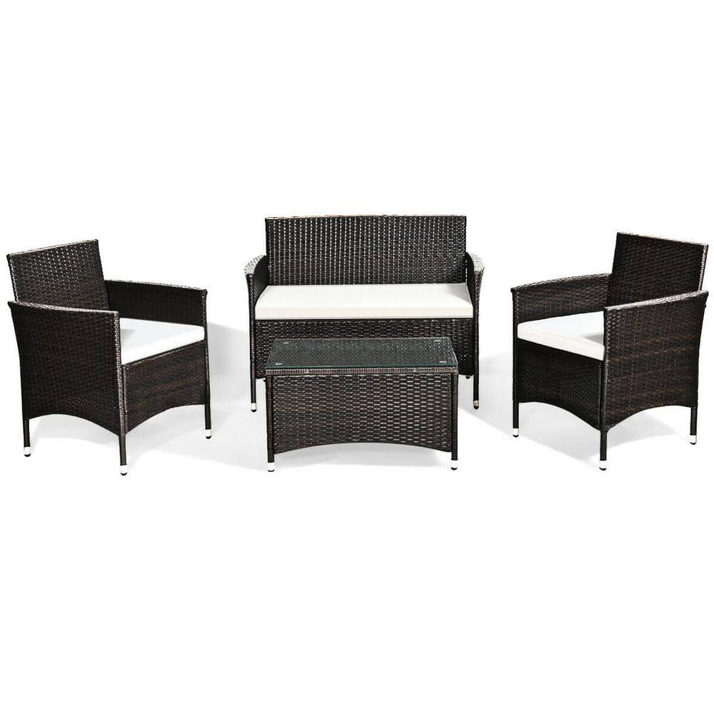 4-Piece Wicker Patio Conversation Set with Dragonfruit White Cushions and C