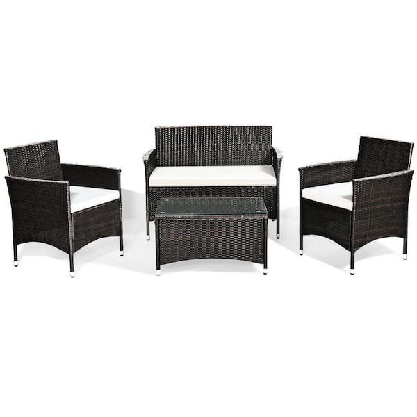 Boyel Living 4-Piece Wicker Patio Conversation Set with Dragonfruit White Cushions and Coffee Table