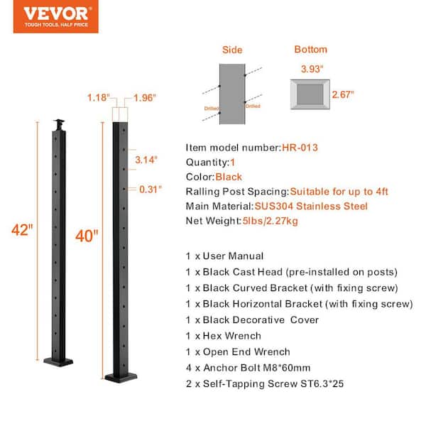 Stainless Steel Railing Stairs 42 in. x 0.98 in. x 1.97 in. Cable Railing Post with Mounting Bracket Handrails for Steps