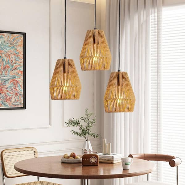 7 in. (Set of 3) Brown Rustic Hemp Rope Pendant Light, Handcrafted Farmhouse Hanging Light, Adjustable Height, No Bulb