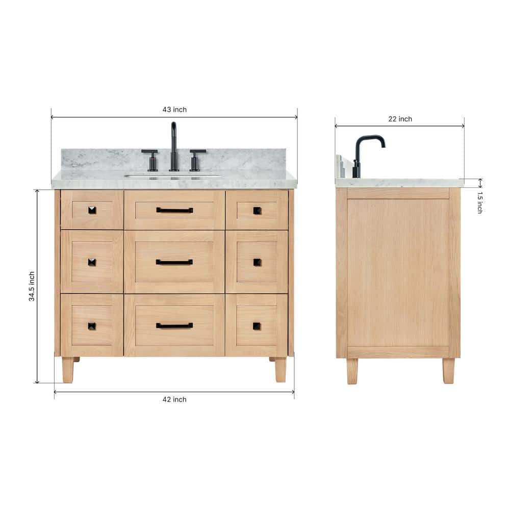 Monroe 43" Light Oak Freestanding Vanity with Carrara Marble Top