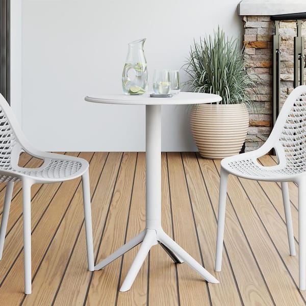 Frond&Form Modern Outdoor 23.5" Round Pedestal Base Poly Plastic Patio Bistro Dining Table, White