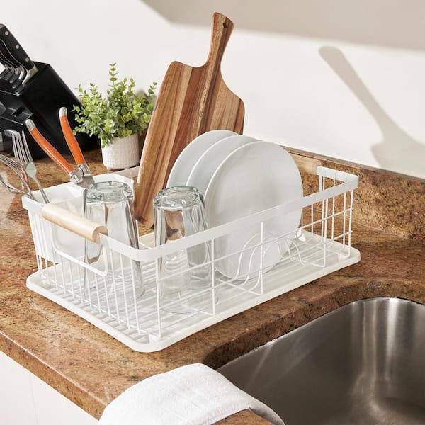 White & Bamboo Kitchenista Dish Rack with Tray and Removable Cutlery holder
