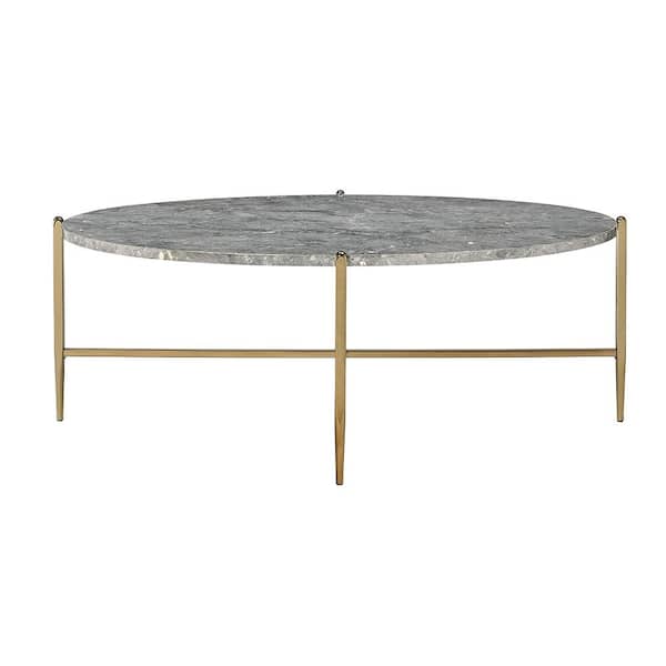 Acme Furniture Tainte 48 in. Faux Marble and Champagne Oval Faux Marble Coffee Table with Open Base