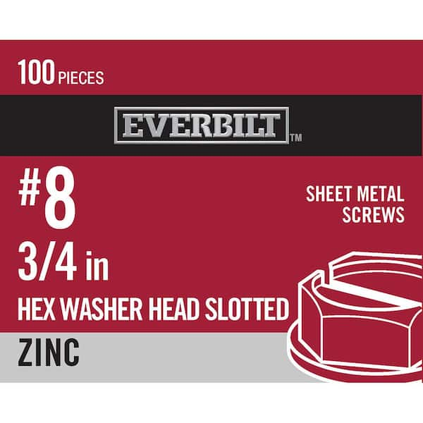 Everbilt #8 x 3/4 in. Slotted Hex Head Zinc Plated Sheet Metal Screw (100-Pack)