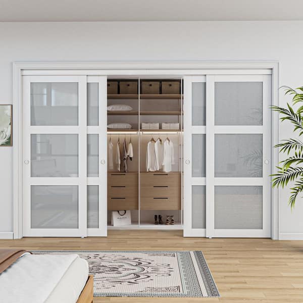 120 in. x 96 in. 3-Lites Frosted Glass White Finished MDF Closet Sliding Door with Hardware Kit
