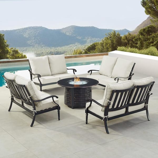 Oakland Living Black 5-Piece Aluminum Patio Fire Pit Set with Light Grey Cushions