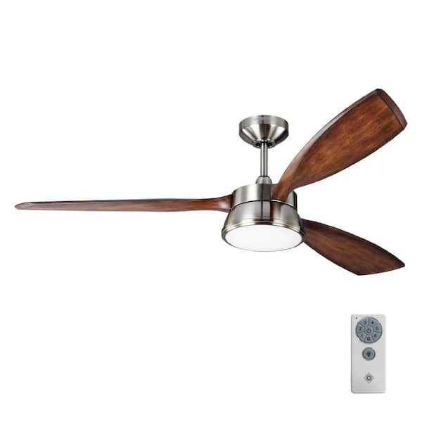 Generation Lighting Destin 57 in. Integrated LED Indoor/Outdoor Brushed Steel Ceiling Fan with Koa Blades and Remote Control