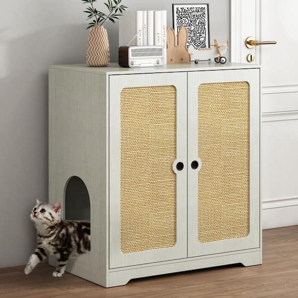 FUFU&GAGA Cat House Litter Box Enclosure with Sisal Door, Modern Wooden Hidden Cat Washroom Storage Cabinet with 2-Cat Holes, Gray