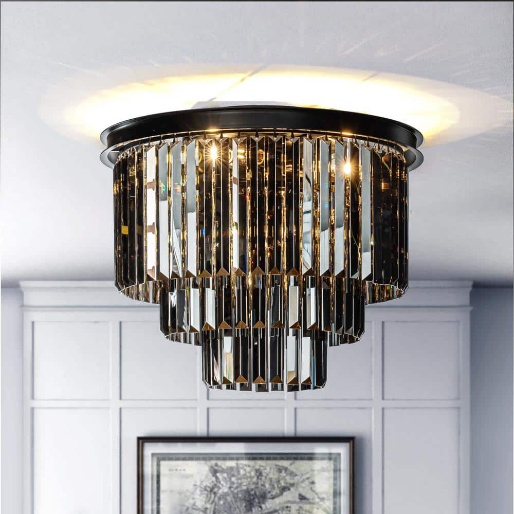 6-Lights 19.7 in Modern Matte Black 3-Tier Round Fringe Flush Mount Lightin