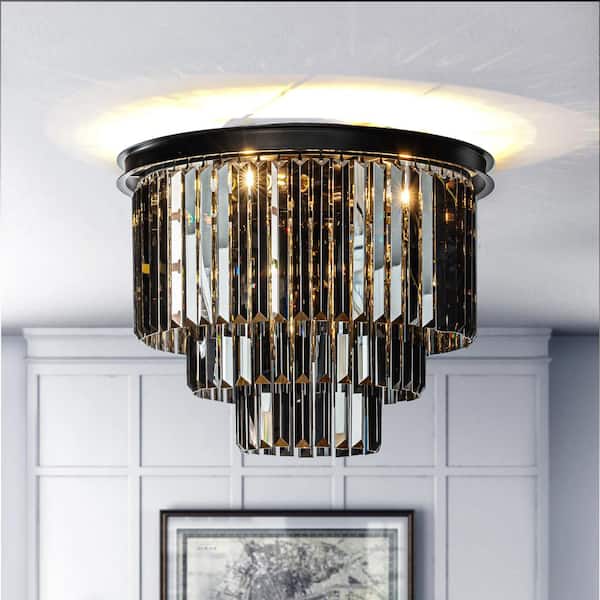 ALOA DECOR 6-Lights 19.7 in Modern Matte Black 3-Tier Round Fringe Flush Mount Lighting with Smoke Crystal Accents