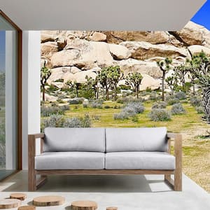 Paradise Outdoor Patio Sofa in Eucalyptus Wood with Teak Finish and Light Gray Fabric
