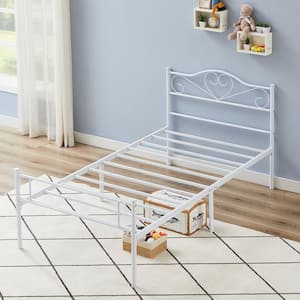 Twin Bed Frame, White Platform Bed No Box Spring Needed, Heavy Duty Steel Slats Support Bed