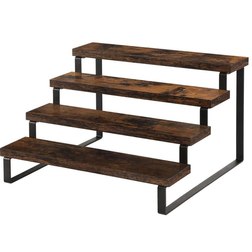 4-Tier Dark Brown Rustic Wooden Display Riser Stand, Organizer Rack for Spi