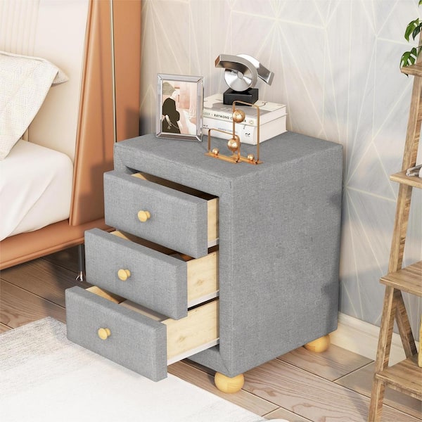 Qualler Light Gray 3-Drawer Upholstered Storage Nightstand (27 in. H x 17 in. W x 15.7 in. D)