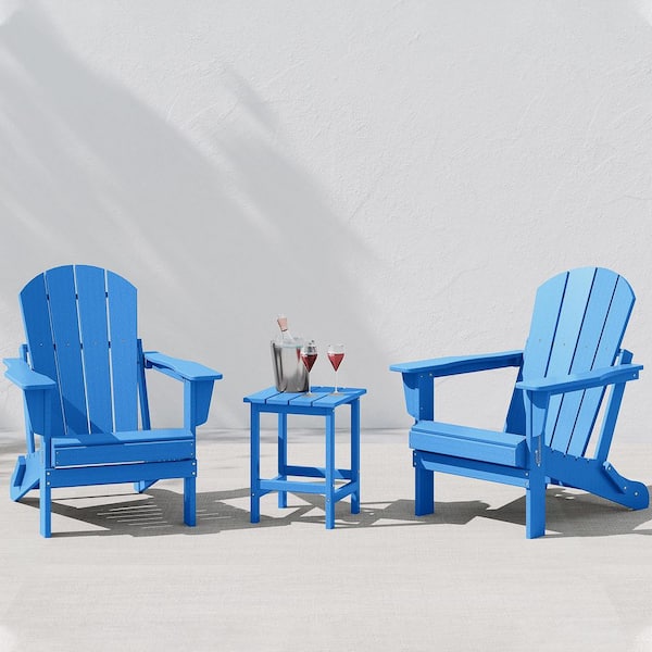 Laguna 3-Piece Fade Resistant Outdoor Patio HDPE Poly Plastic Folding Adirondack Chair Set, Side Table in Pacific Blue